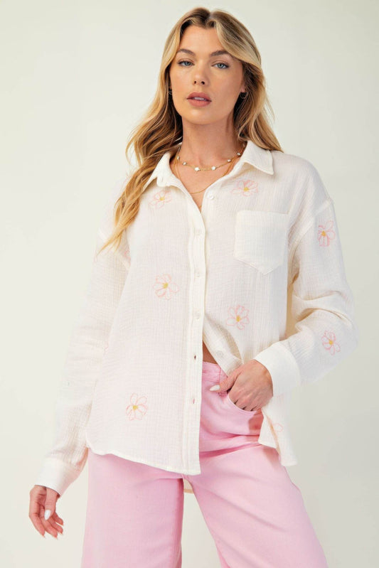 Embo detailed cotton gauze button down shirt - us.meeeshop