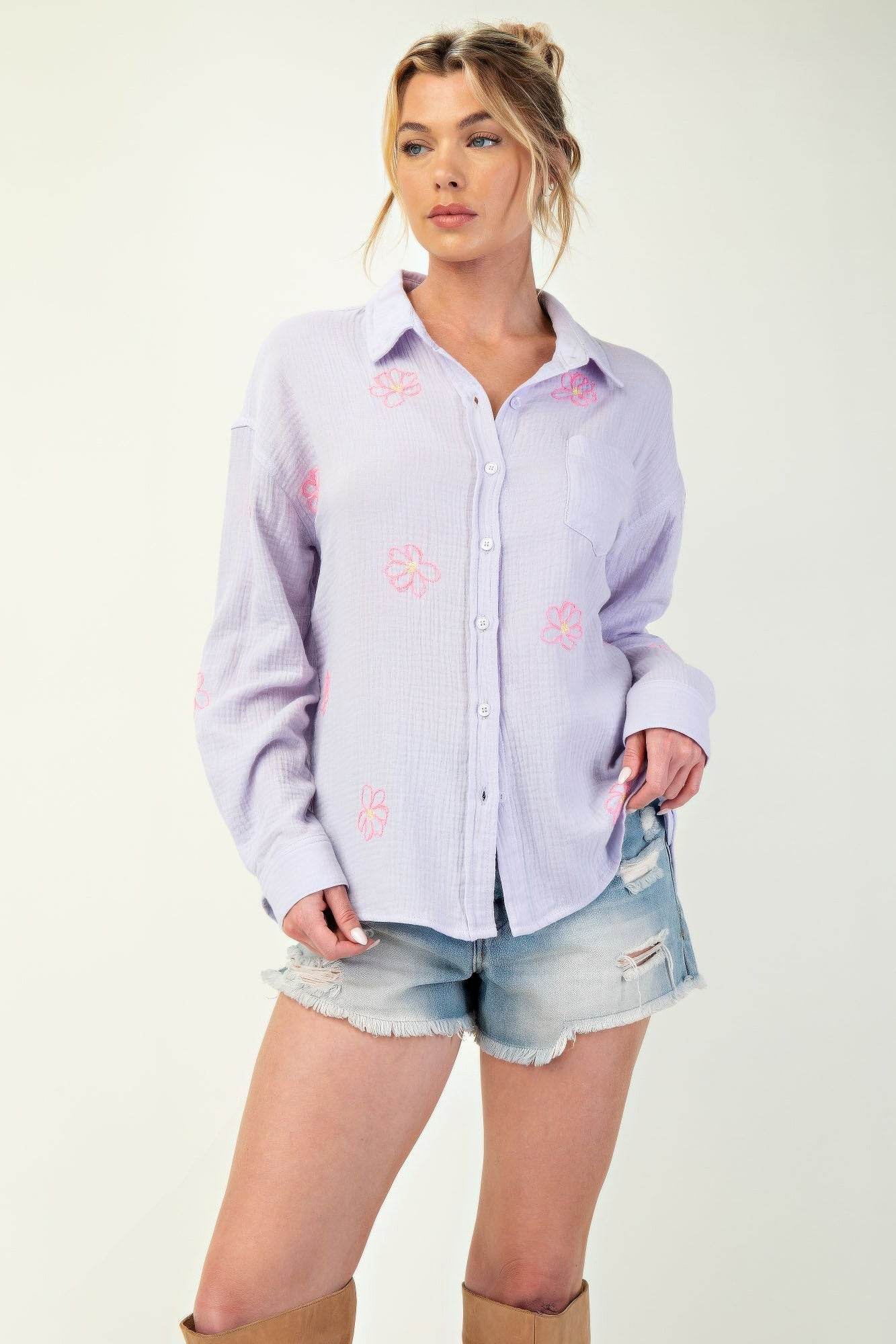 Embo detailed cotton gauze button down shirt - us.meeeshop