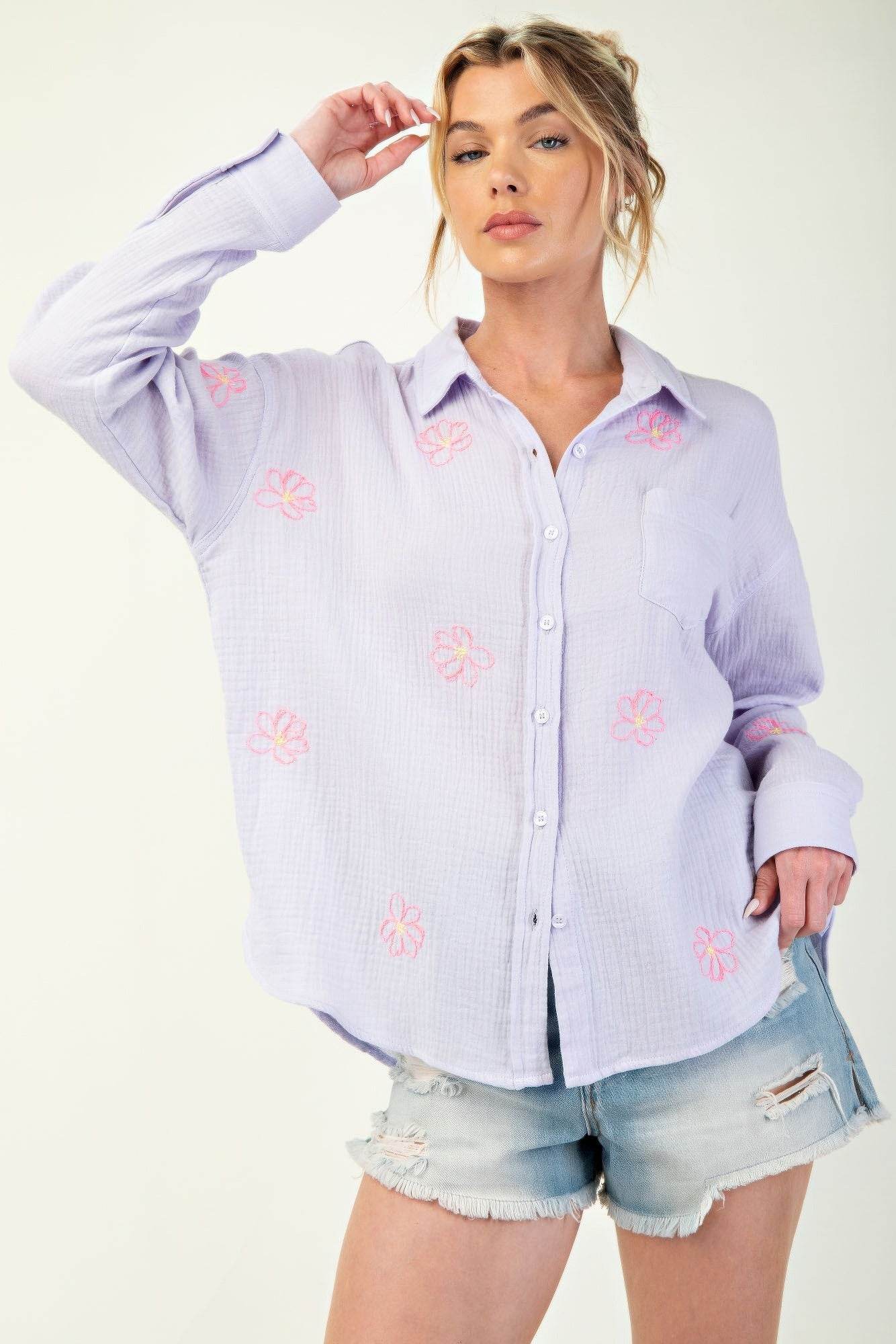 Embo detailed cotton gauze button down shirt - us.meeeshop