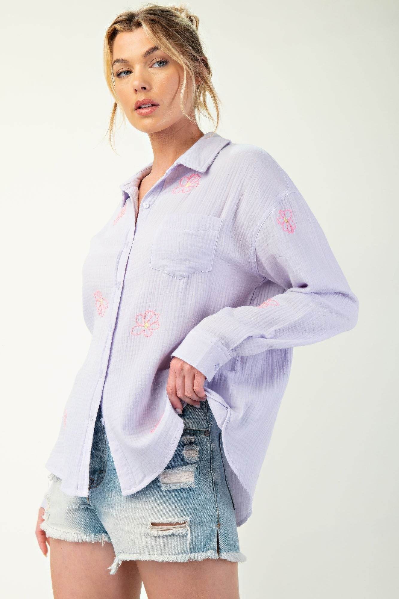 Embo detailed cotton gauze button down shirt - us.meeeshop