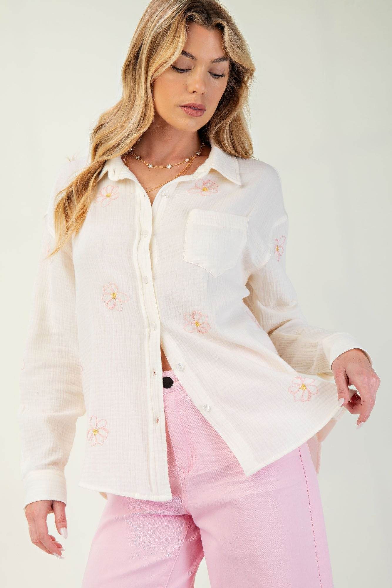 Embo detailed cotton gauze button down shirt - us.meeeshop