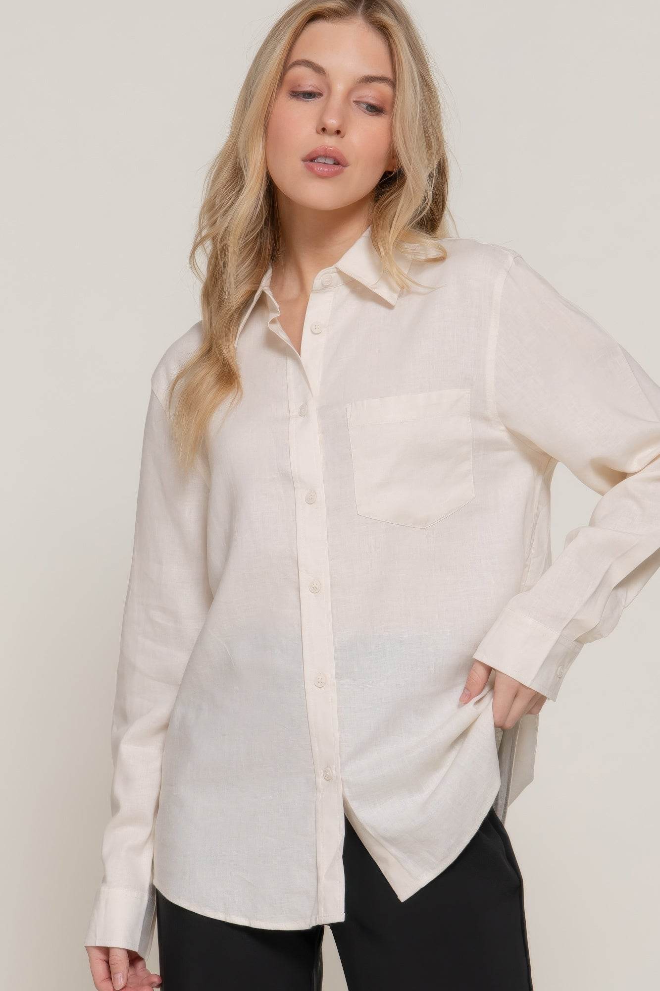 Long Sleeve Linen Blend Shirt - us.meeeshop