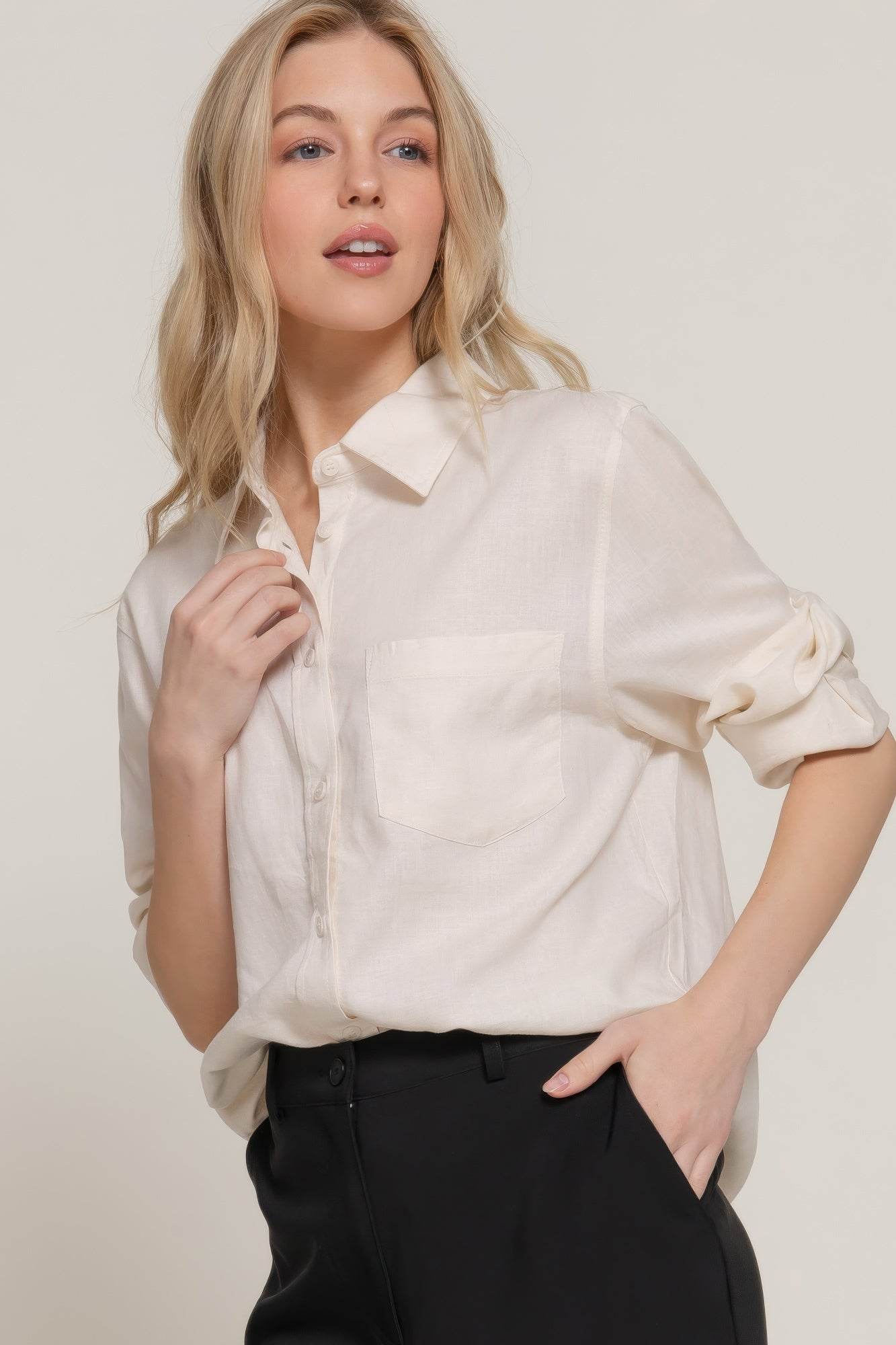 Long Sleeve Linen Blend Shirt - us.meeeshop