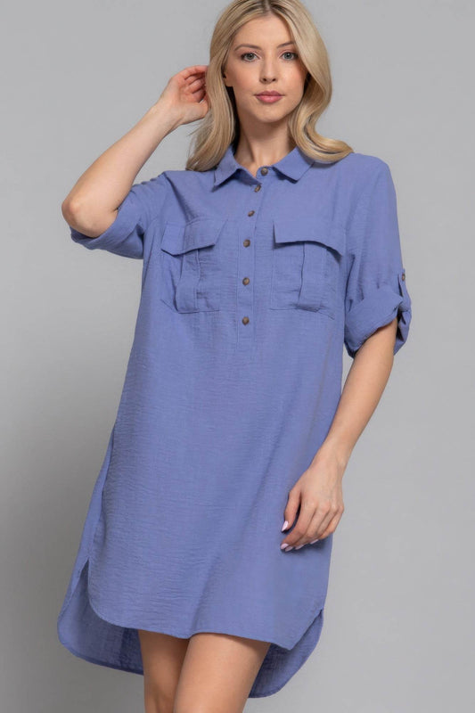 Roll Up Short Slv Straight Linen Effect Mini Dress - us.meeeshop