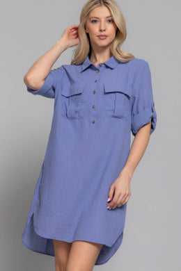 Roll Up Short Slv Straight Linen Effect Mini Dress