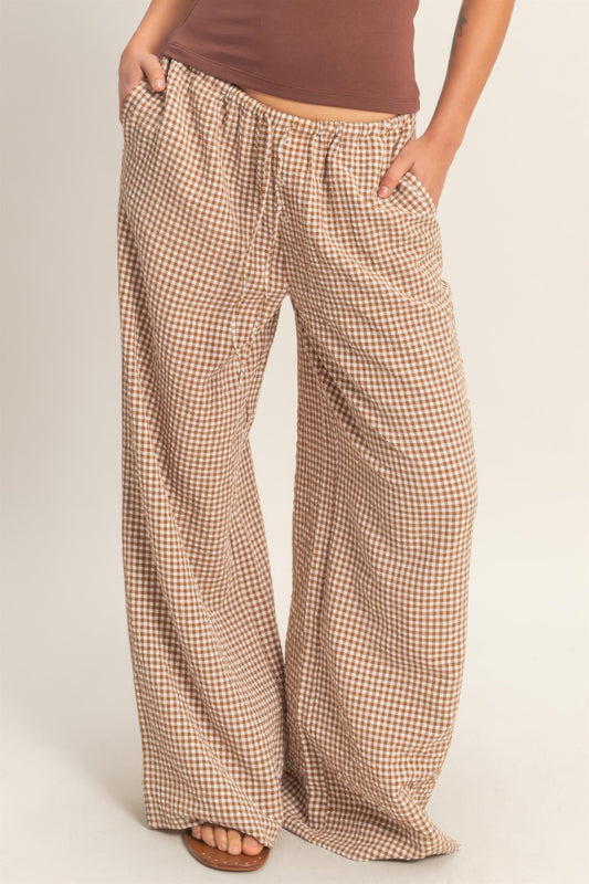 hyfve gingham drawstring Hyfve Gingham Drawstring Wide-leg Pants Brown (bottom) - shop at us.meeeshop