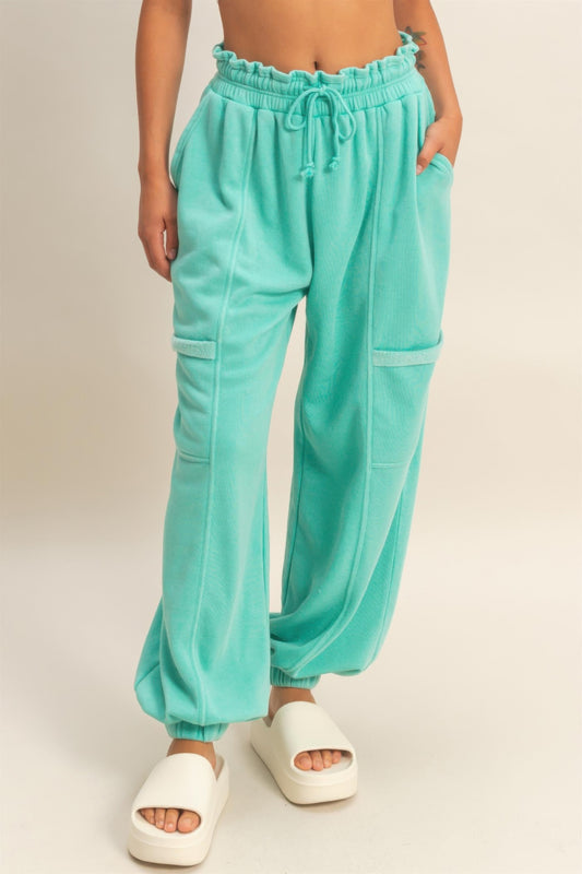hyfve ruffle waist Hyfve Ruffle Waist Burnout Jogger Pants Turquoise (bottom) - shop at us.meeeshop