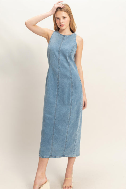hyfve sleeveless denim Hyfve Sleeveless Denim Midi Dress Light denim (dress) - shop at us.meeeshop