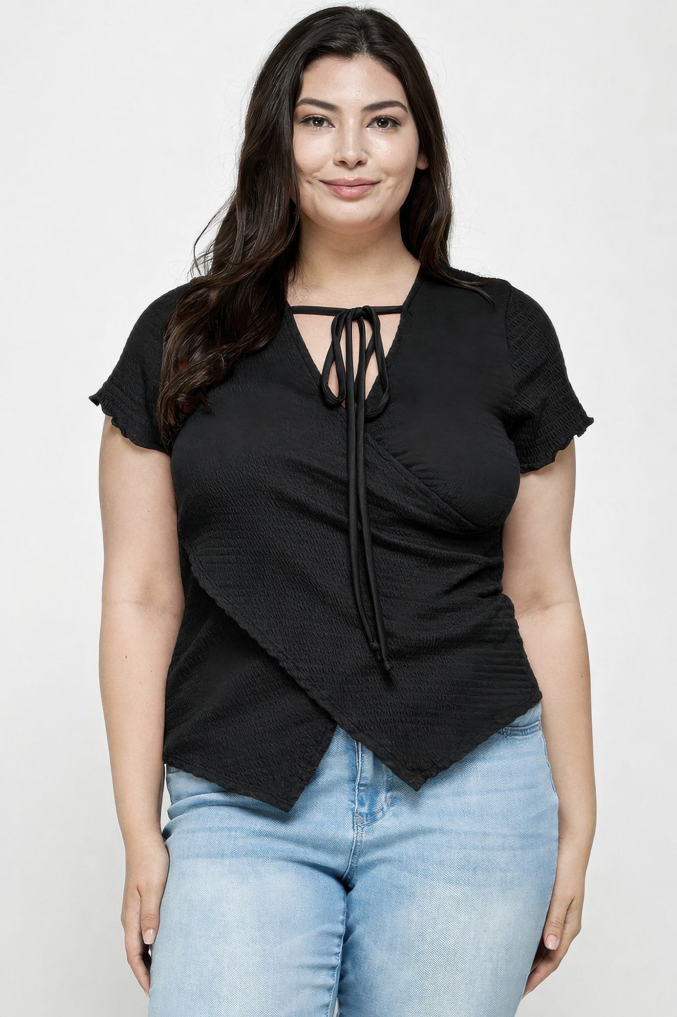 plus size textured Plus Size Textured Wrap Top with Tie Neck view 9 (top) - shop at us.meeeshop
