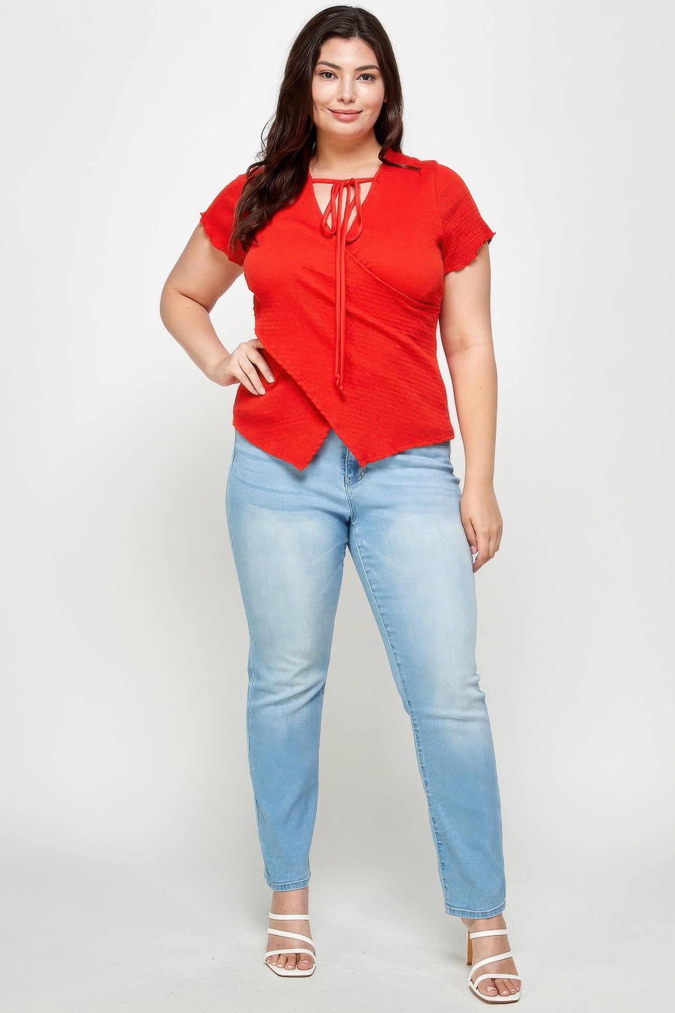 plus size textured Plus Size Textured Wrap Top with Tie Neck view 2 (top) - shop at us.meeeshop
