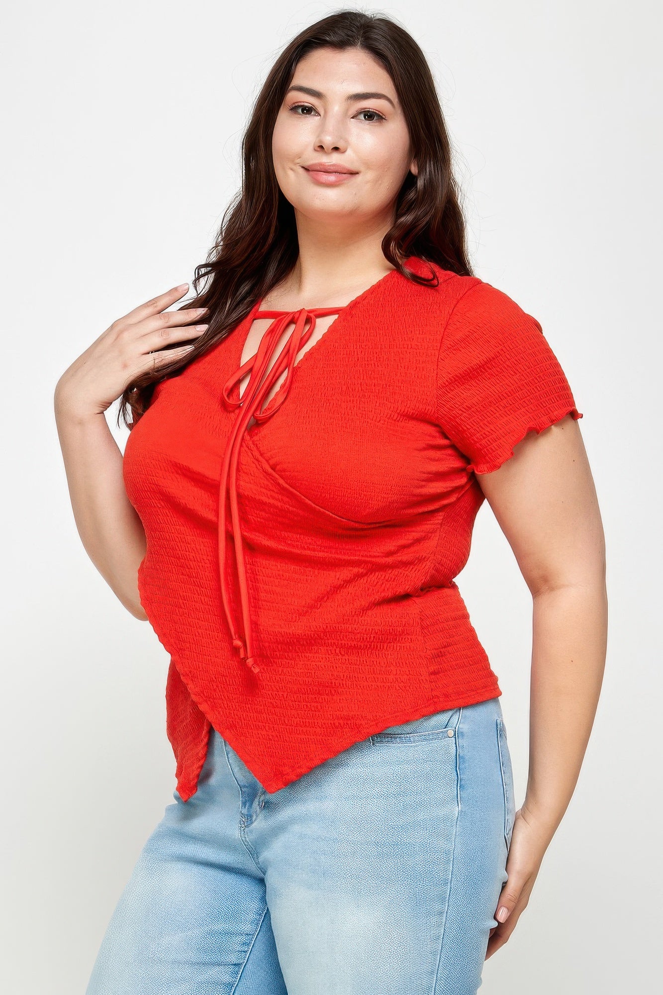 plus size textured Plus Size Textured Wrap Top with Tie Neck view 7 (top) - shop at us.meeeshop