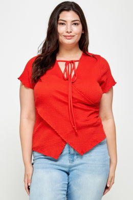 Plus Size Textured Wrap Top with Tie Neck