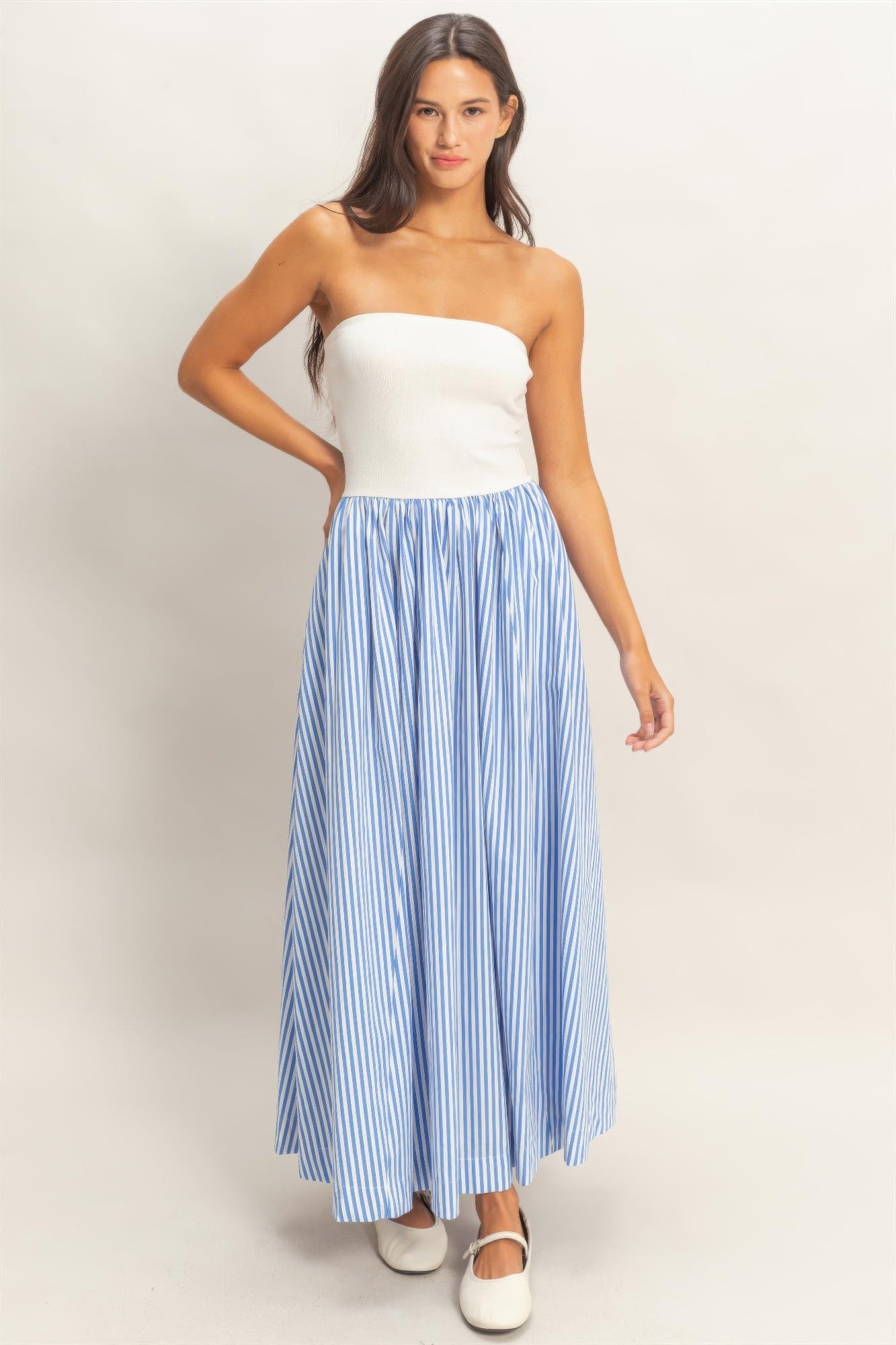 hyfve striped strapless Hyfve Striped Strapless Flowy Midi Dress Blue (dress) - shop at us.meeeshop