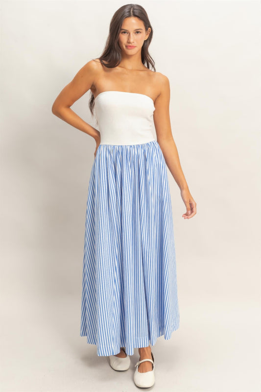 hyfve striped strapless Hyfve Striped Strapless Flowy Midi Dress Blue (dress) - shop at us.meeeshop