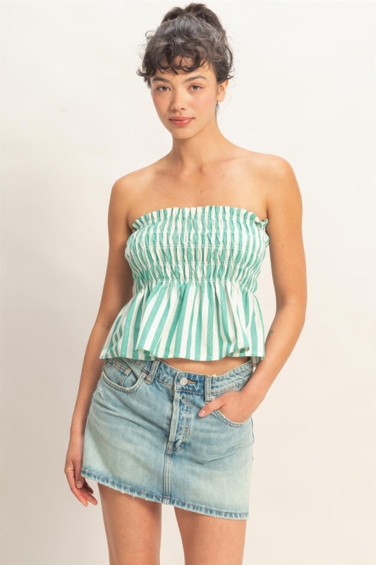 hyfve striped strapless Hyfve Striped Strapless Smocked Bandeau Top Green (top) - shop at us.meeeshop
