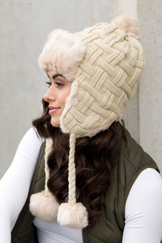 Cable Weave Pom Trapper Hat us.meeeshop - 