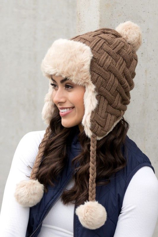 Cable Weave Pom Trapper Hat us.meeeshop - Hats