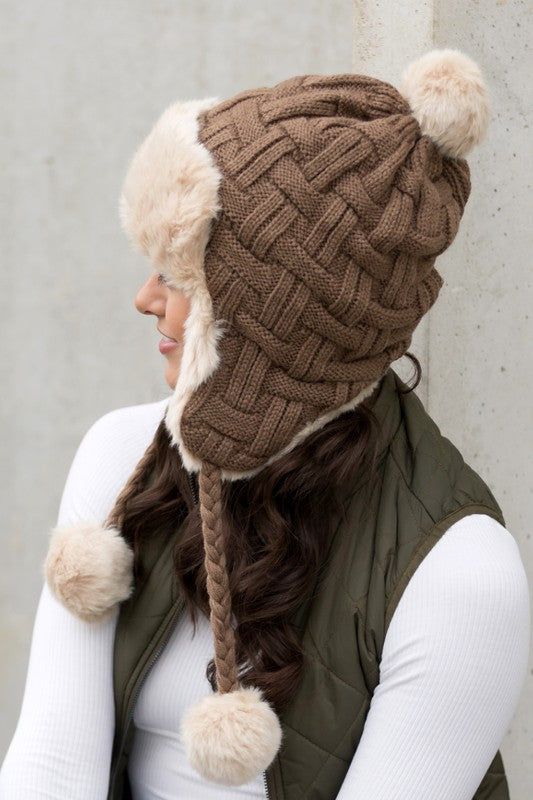 Cable Weave Pom Trapper Hat us.meeeshop - 