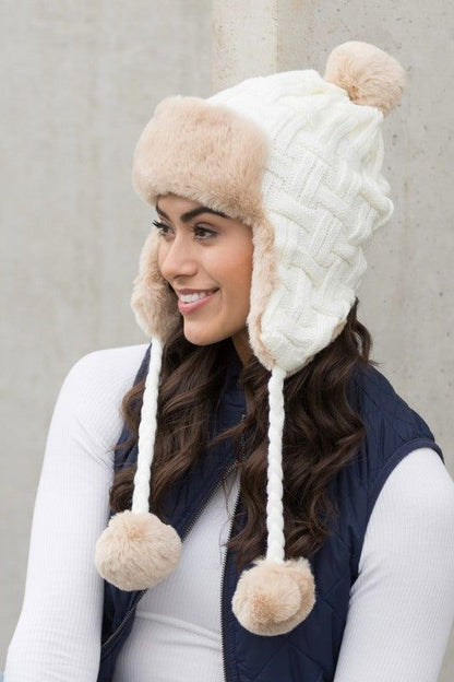 Cable Weave Pom Trapper Hat us.meeeshop - 