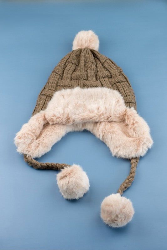 Cable Weave Pom Trapper Hat us.meeeshop - 