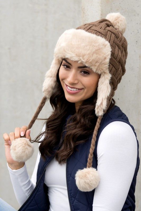 Cable Weave Pom Trapper Hat - us.meeeshop