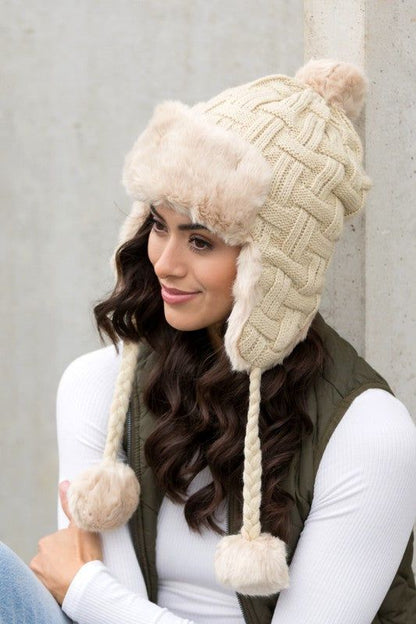 Cable Weave Pom Trapper Hat - us.meeeshop