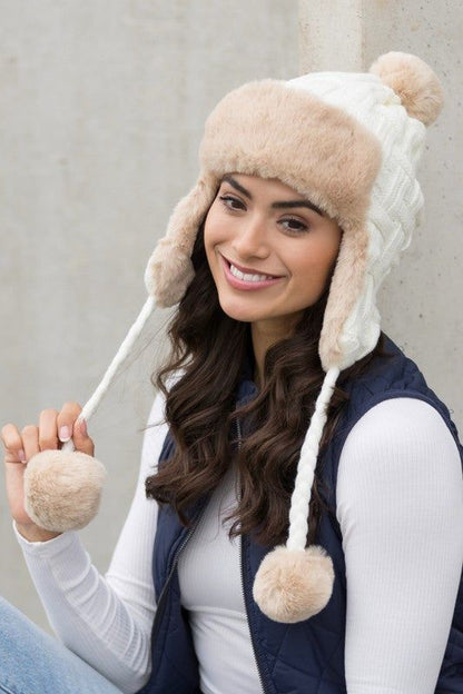 Cable Weave Pom Trapper Hat - us.meeeshop