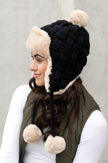 Cable Weave Pom Trapper Hat - us.meeeshop