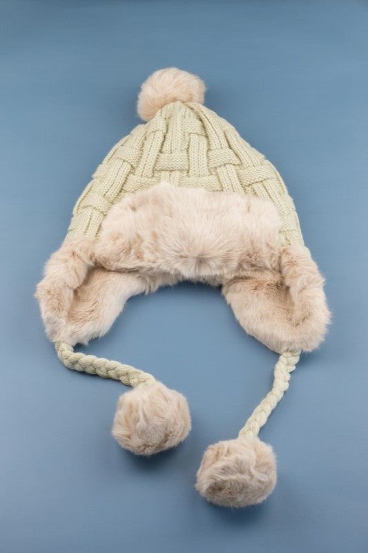 Cable Weave Pom Trapper Hat - us.meeeshop