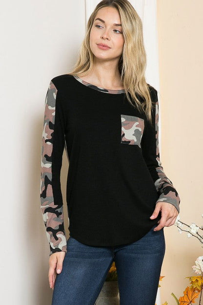 Camouflage Contrast Knit Top us.meeeshop - 