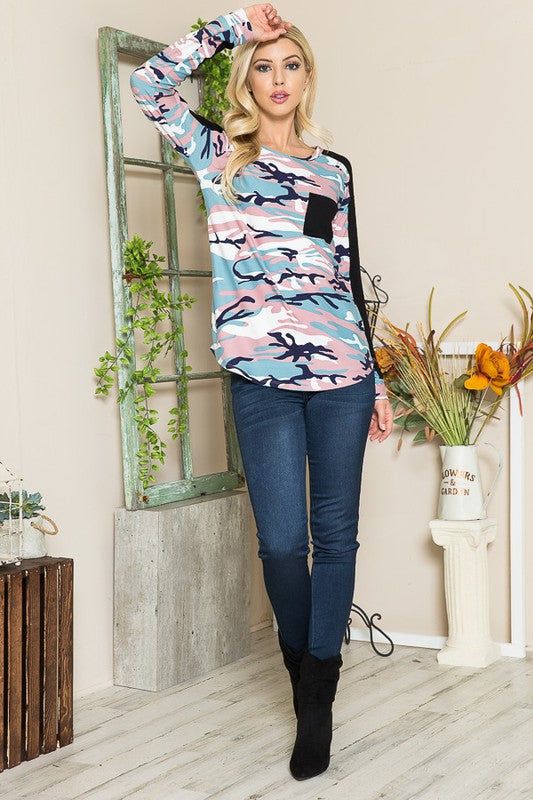 Camouflage Print Pocket Top us.meeeshop - 