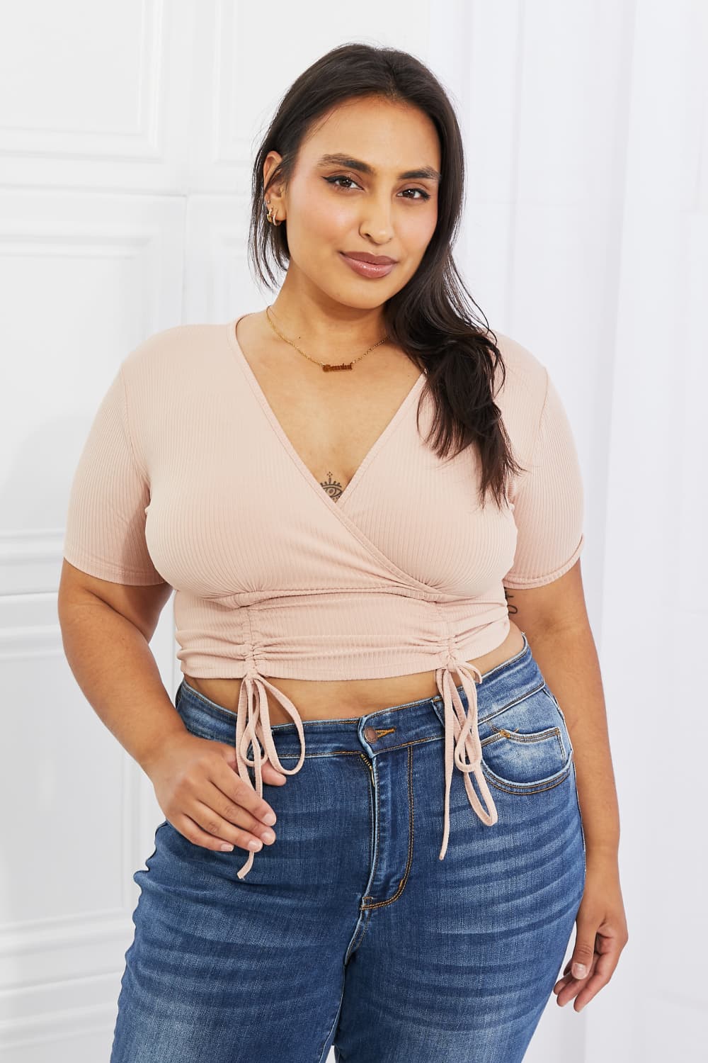 Capella Back To Simple Full Size Ribbed Front Scrunched Top in Blush | us.meeeshop