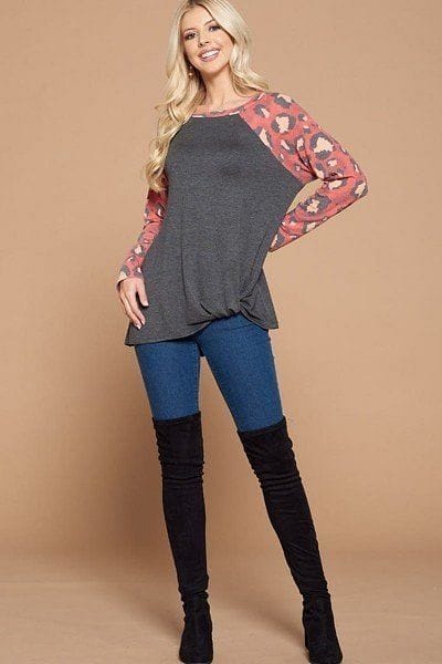 Casual French Terry Side Twist Top With Animal Print Long Sleeves | us.meeeshop
