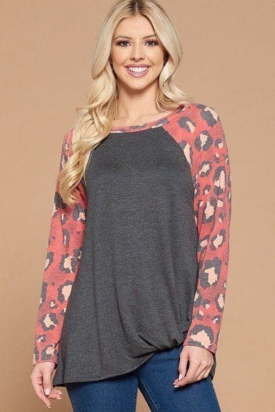 Casual French Terry Side Twist Top With Animal Print Long Sleeves | us.meeeshop