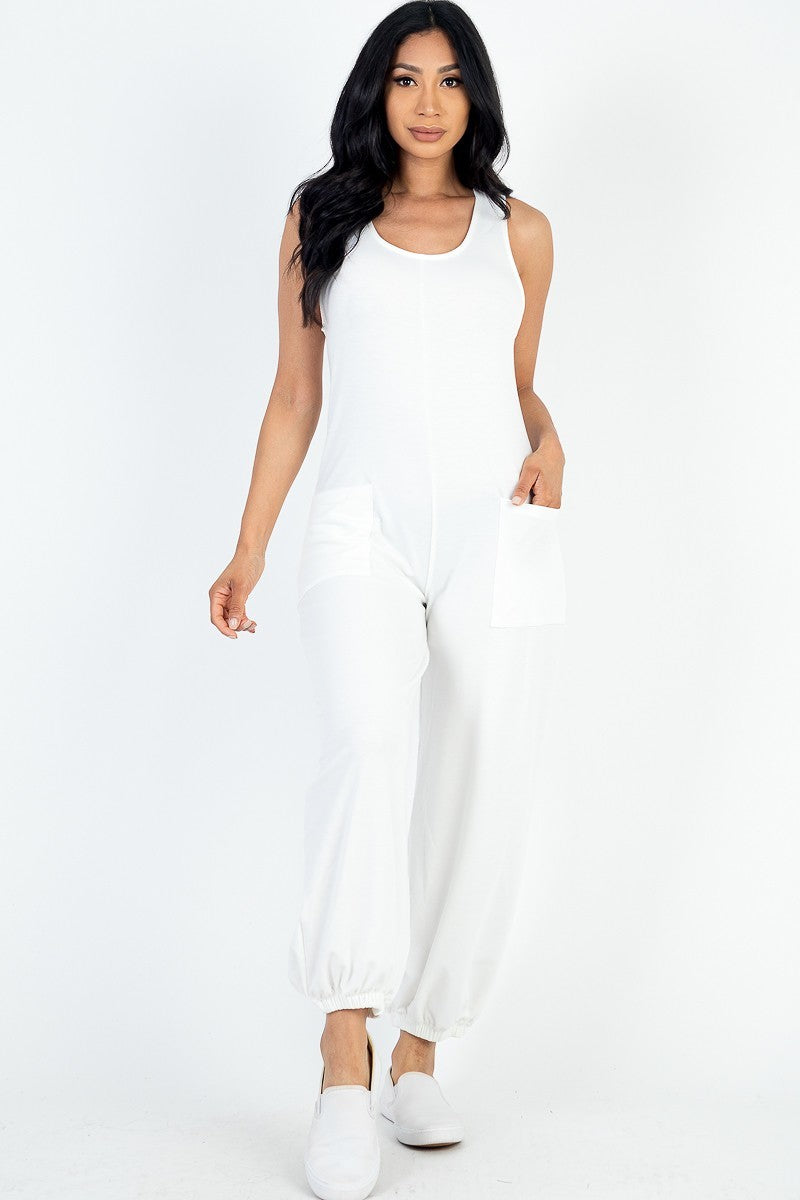 Casual Solid French Terry Sleeveless Scoop Neck Front Pocket Jumpsuit | us.meeeshop