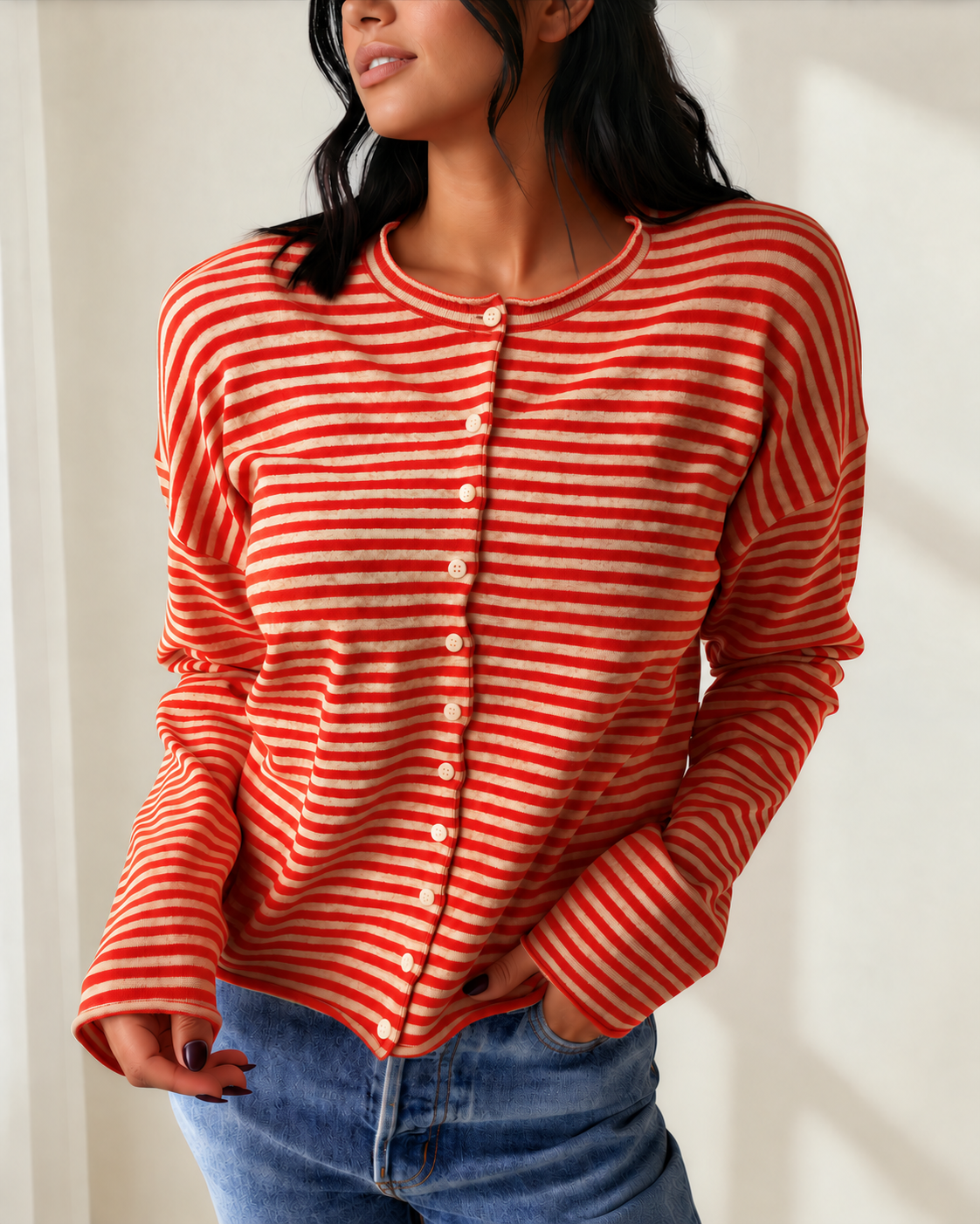 Amelia Striped Button Collar Long Sleeve Knit Cardigan Top
