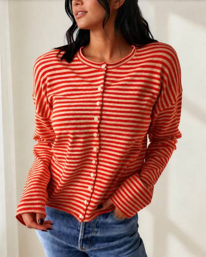 Amelia Striped Button Collar Long Sleeve Knit Cardigan Top