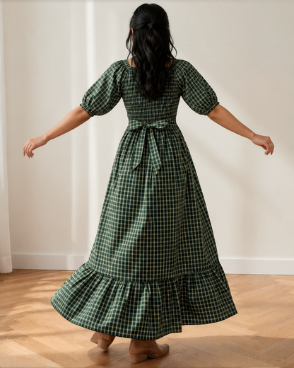 Daisy Plaid Square Neck Shirred High Waist Ruffle Hem Dress