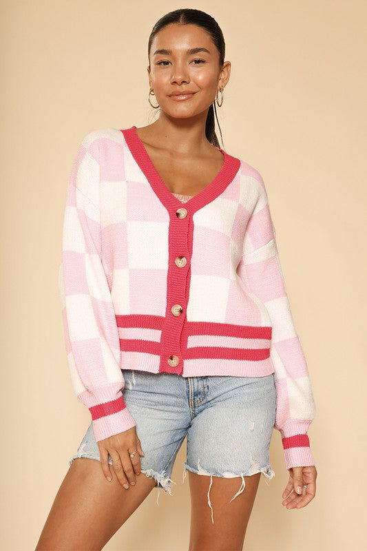 Checkered knit cardigan us.meeeshop - 