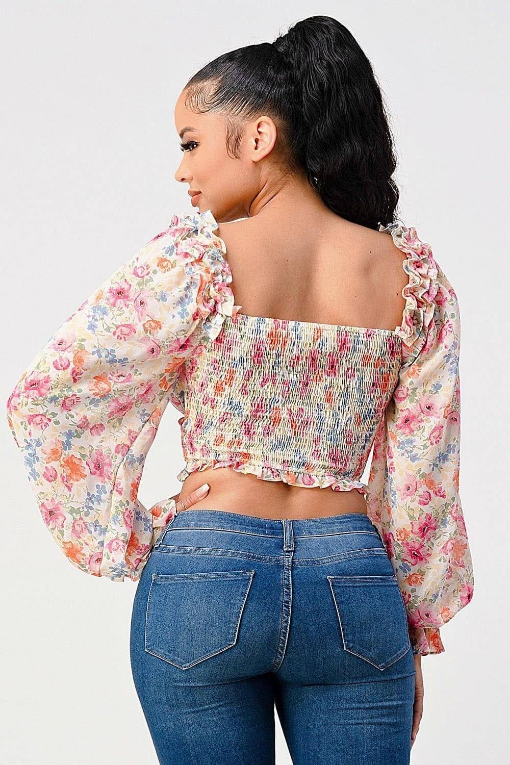 Chic Floral Sweetheart Smocked Body Blouse Top | us.meeeshop