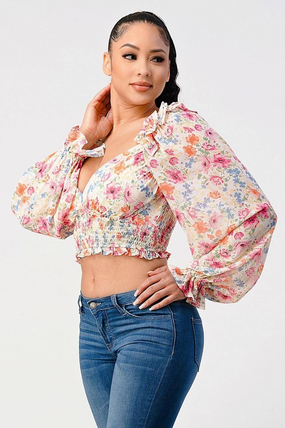 Chic Floral Sweetheart Smocked Body Blouse Top | us.meeeshop