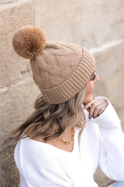 Women's Chunky Knit Fur Pom Beanie - us.meeeshop