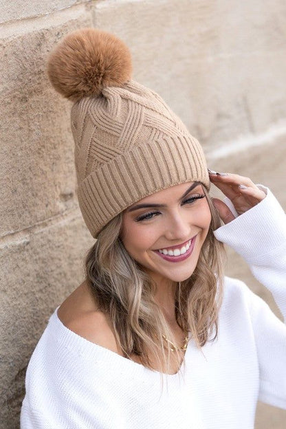 Women's Chunky Knit Fur Pom Beanie - us.meeeshop