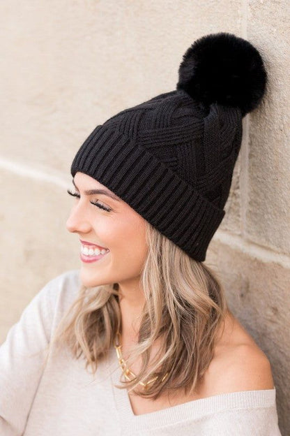 Women's Chunky Knit Fur Pom Beanie - us.meeeshop