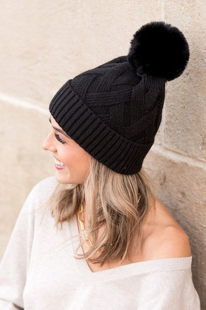 Women's Chunky Knit Fur Pom Beanie - us.meeeshop