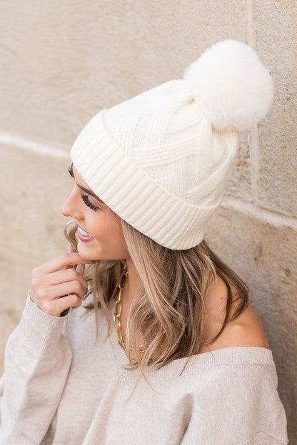 Women's Chunky Knit Fur Pom Beanie - us.meeeshop