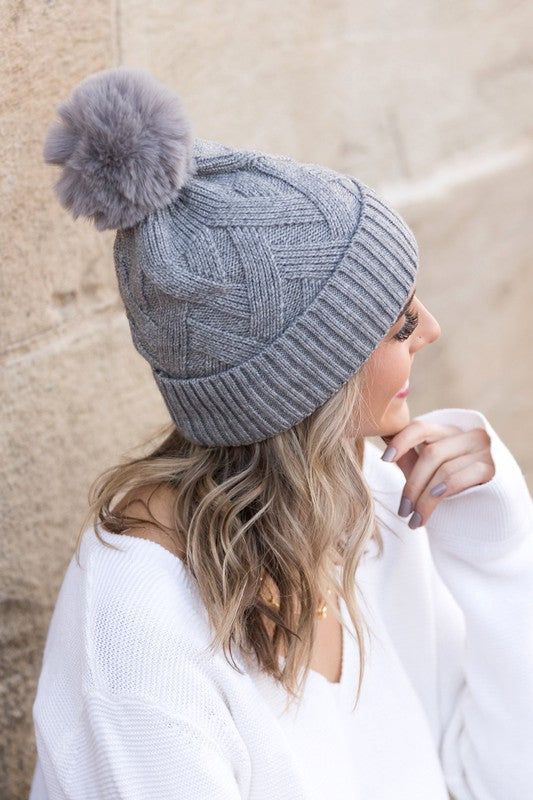 Women's Chunky Knit Fur Pom Beanie - us.meeeshop