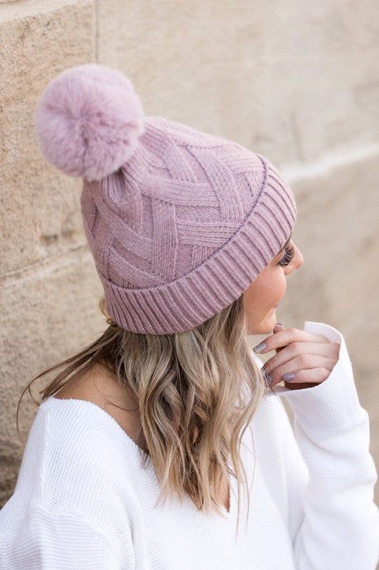 Women's Chunky Knit Fur Pom Beanie - us.meeeshop