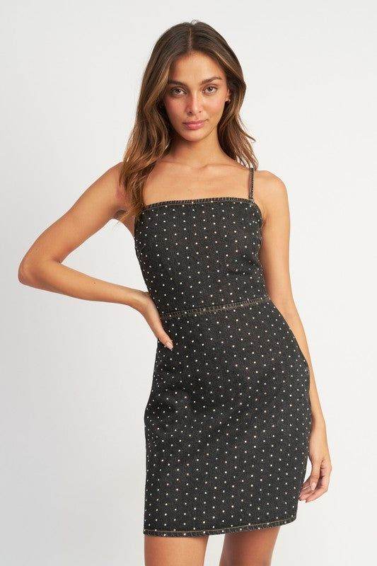 Cinched Waist Rhinestone Mini Dress - us.meeeshop