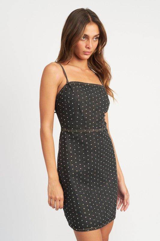 Cinched Waist Rhinestone Mini Dress - us.meeeshop